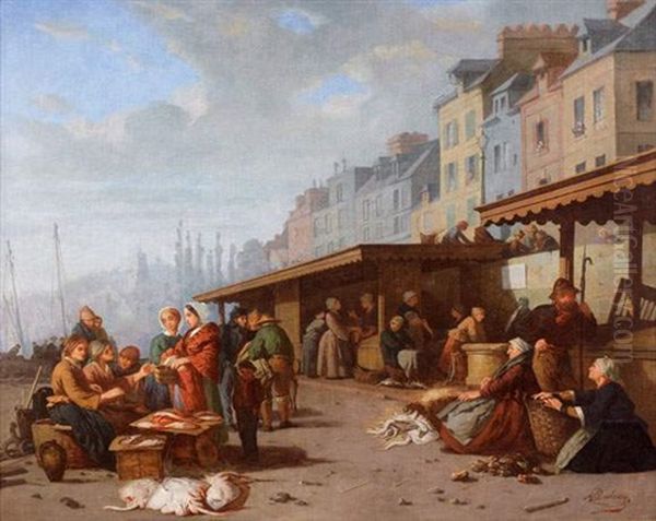 Marche A Honfleur Oil Painting by Alexandre Dubourg