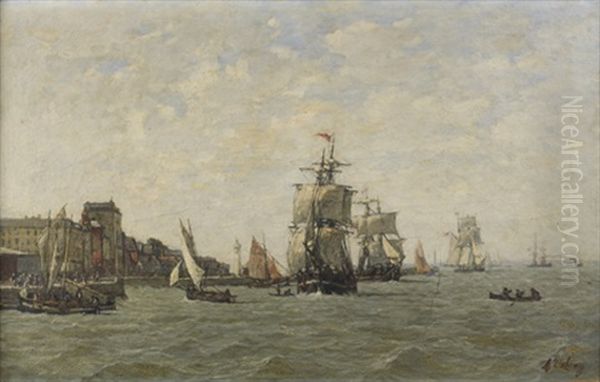 Navires Pres D'un Port Oil Painting by Alexandre Dubourg