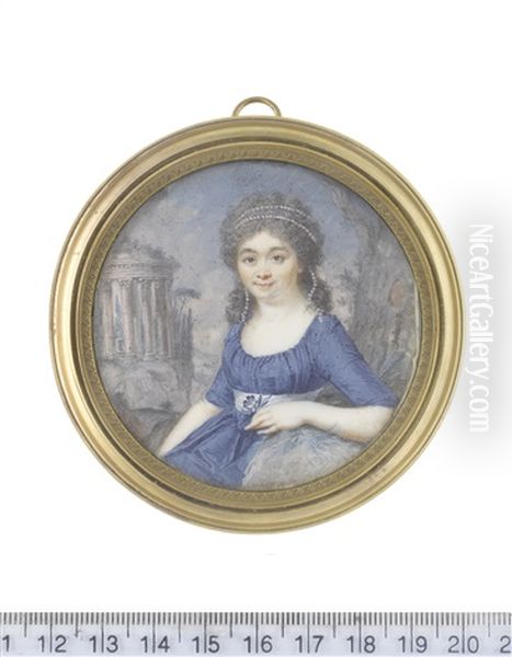 A Lady, Seated Within A Landscape, Wearing Blue Dress And Dove Grey Sash, Her Lightly Powdered Hair Partially Upswept And Dressed With A Double Strand Of Pearls by Augustin Dubourg