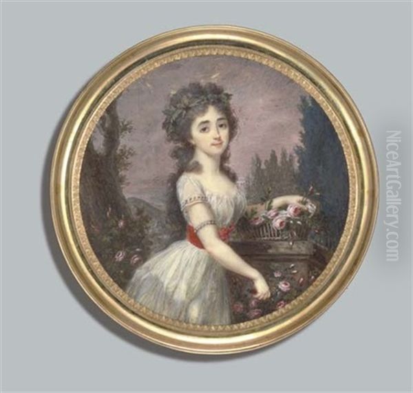 A Young Lady, Holding A Small Wooden Handled Scythe And Cutting Roses In Her Right Hand Oil Painting by Augustin Dubourg