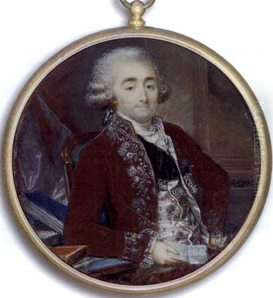 Comte De Barral, Seated Holding A Letter In His Right Hand With His Elbow Resting On A Table Strewn With Books, In Claret-coloured Coat With Heavily Embroidered Border, Embroidered Spotted White Silk Oil Painting by Augustin Dubourg