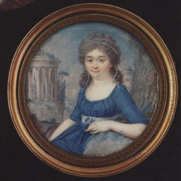 A Lady Resting Her Arm On A Grassy Stone, She Wears Double Strand Of Pearls In Her Powdered Hair And Blue Dress With White Waistband And Holds A Violet In Her Hand Oil Painting by Augustin Dubourg