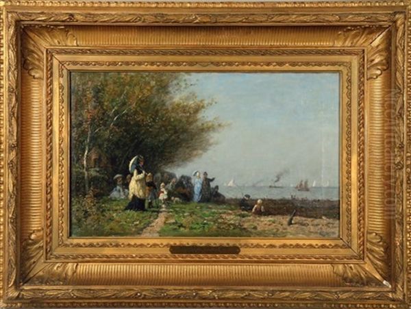 Crinolines Sur La Plage Des Lutins A Noirmoutier-en-l'ile Oil Painting by Louis Alexandre Dubourg