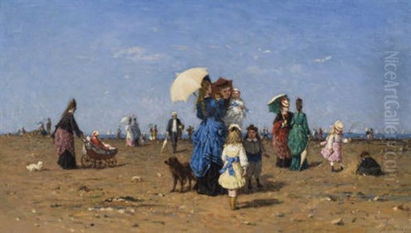 La Plage A Honfleur Oil Painting by Louis Alexandre Dubourg