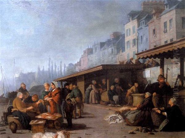 Honfleur, Le Marche Aux Poissons Oil Painting by Louis Alexandre Dubourg