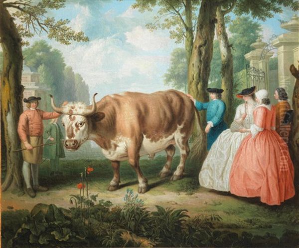 Elegant Figures Admiring A Bull At The Gates Of A Country House Oil Painting by Louis Fabritius Dubourg