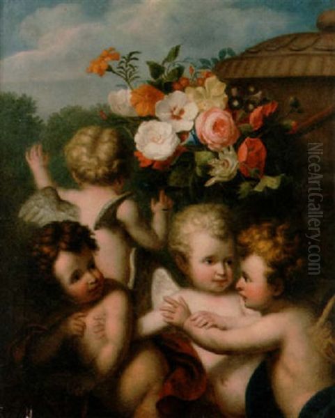 Putti With Flowers Before An Urn, A Park Landscape Beyond Oil Painting by Louis Fabritius Dubourg