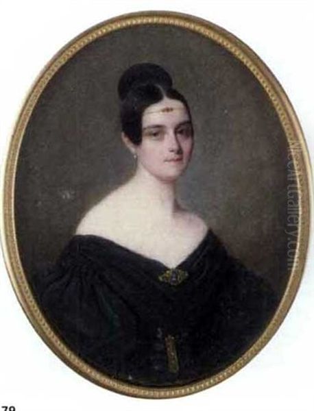 A Young Lady In Off The Shoulder Black Dress With Gold Cameo Brooch At Corsage And Wearing A Gold Ornament In Her Dressed Hair Oil Painting by Savinien Edme Dubourjal