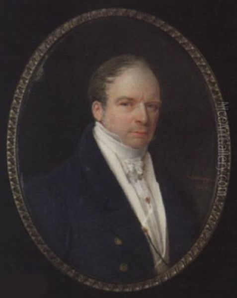 A Gentleman, Wearing Blue Coat, White Waistcoat, Tied Stock And Cravat Held With Red Stickpin Oil Painting by Savinien Edme Dubourjal