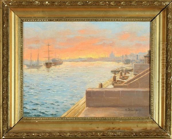 Partie An Der Newa In St. Petersburg Bei Sonnenaufgang Oil Painting by Nikolai Nikanorovich Dubovskoy