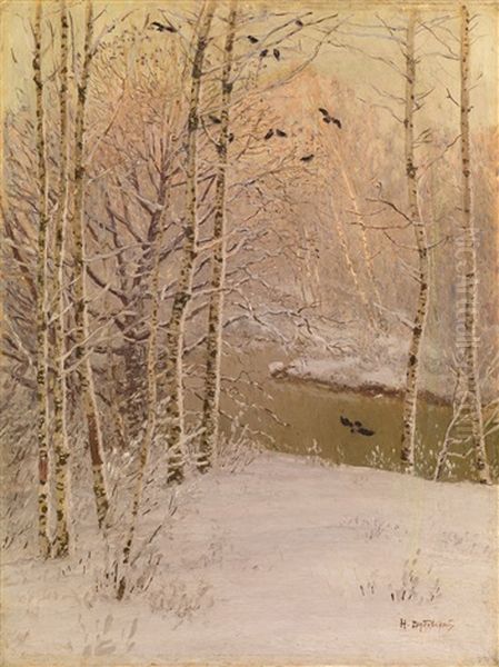 River Running Through A Wintry Forest Oil Painting by Nikolai Nikanorovich Dubovskoy