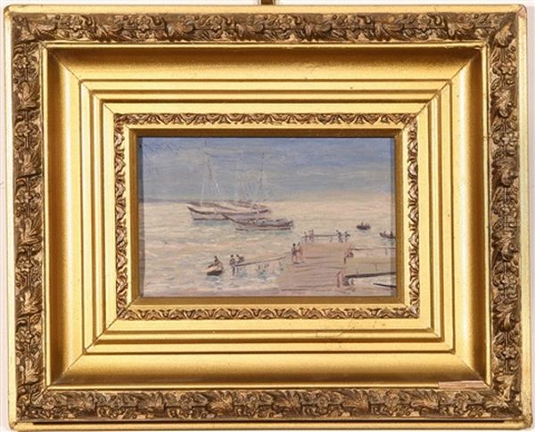 Figures And Boats By A Dock Oil Painting by Nikolai Nikanorovich Dubovskoy