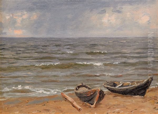 Boats By The Shore Oil Painting by Nikolai Nikanorovich Dubovskoy