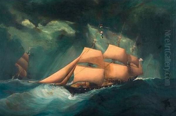 La Flotte Nordiste Au Large Du Port Du Havre Durant La Guerre De Secession Oil Painting by Cheri Francois Marguerite Dubreuil