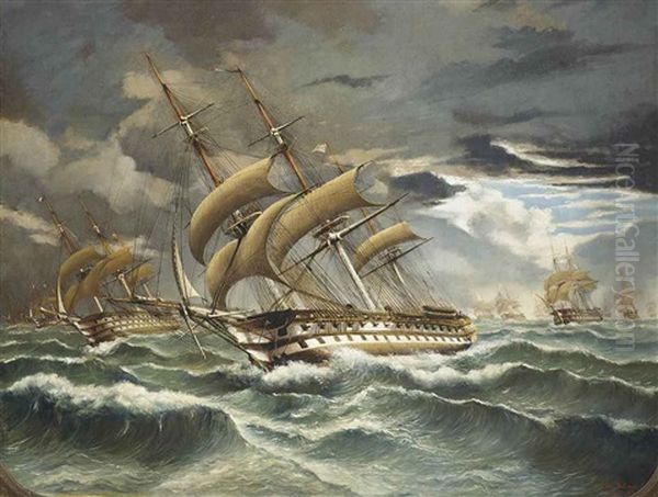 A Squadron Of French Warships On Their Way To Join The Allied Fleet During The Crimean Campaign (1854-56) Oil Painting by Cheri Francois Marguerite Dubreuil