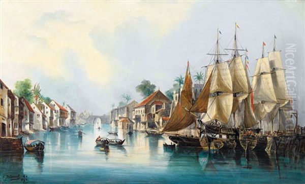 Exotische Flusspartie Mit Segelschiffen Oil Painting by Cheri Francois Marguerite Dubreuil