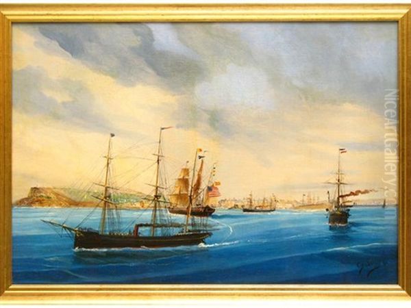 Navires Espagnol Et Americain En Rade Du Havre Oil Painting by Cheri Francois Marguerite Dubreuil