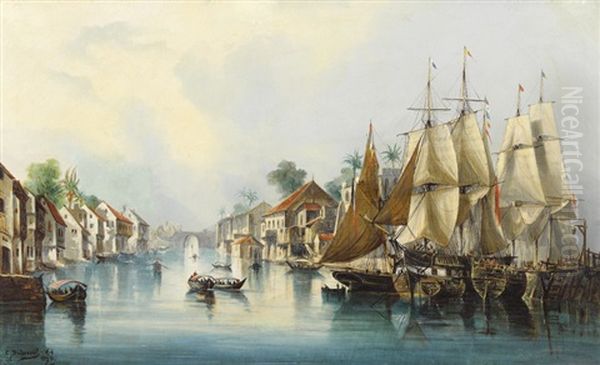 Exotische Flusspartie Mit Segelschiffen Oil Painting by Cheri Francois Marguerite Dubreuil