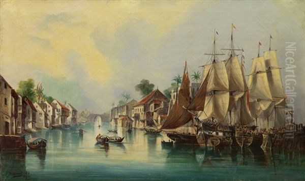 Vor Anker Liegende Kriegsschiffe, Im Hafen Von Hanoi Oil Painting by Cheri Francois Marguerite Dubreuil