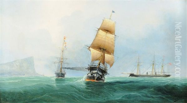 Dampfschiffe Und Segelschiff Auf Rauher See Oil Painting by Cheri Francois Marguerite Dubreuil