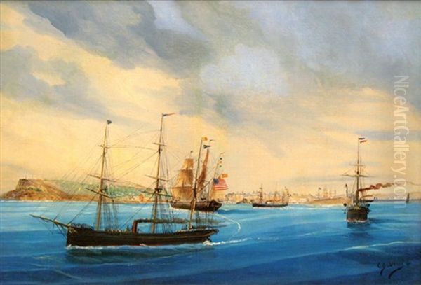 Navires Americain Et Espagnol Devant Le Havre Et Sainte Adresse Oil Painting by Cheri Francois Marguerite Dubreuil