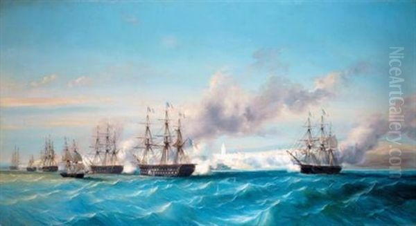 The French Naval Bombardment Of Mogador, Morocco, 15th August 1844 Oil Painting by Cheri Francois Marguerite Dubreuil