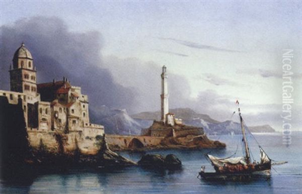 Embarcations De Pecheurs Aux Abords D'un Port Oil Painting by Cheri Francois Marguerite Dubreuil