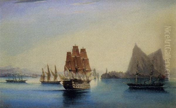 Navires Anglais Et Francais Au Mouillage Dans Le Port De Vera Cruz En Face De Saint Jean D'uloa Oil Painting by Cheri Francois Marguerite Dubreuil