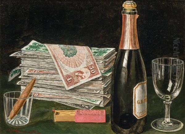 Still Life With Money Pile And Champagne Oil Painting by Victor Dubreuil