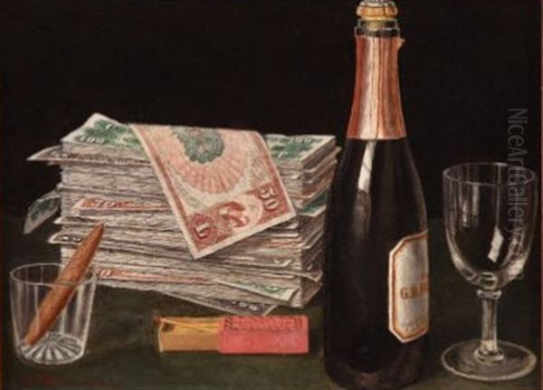 Still Life With Money Pile And Champagne Oil Painting by Victor Dubreuil