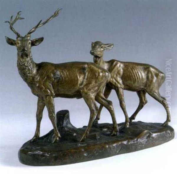 Cerf Et Biche by Alfred Dubucand