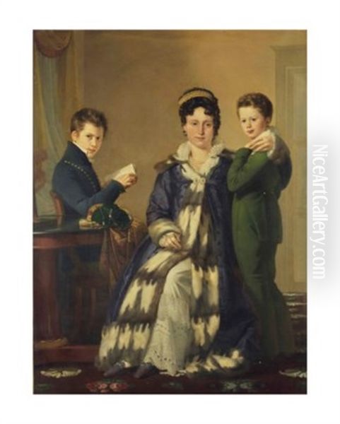 Portrait De Madame Le Hideux Et De Ses Deux Fils Paul Et Victor by Claude Marie Dubufe