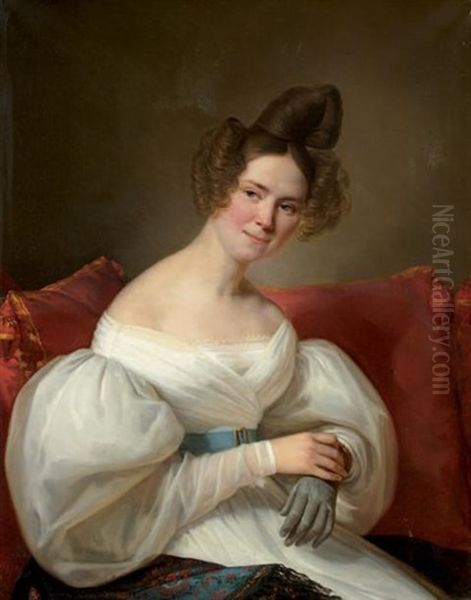 Portrait De Jeune Femme Sur Un Canape Rouge Oil Painting by Claude Marie Dubufe