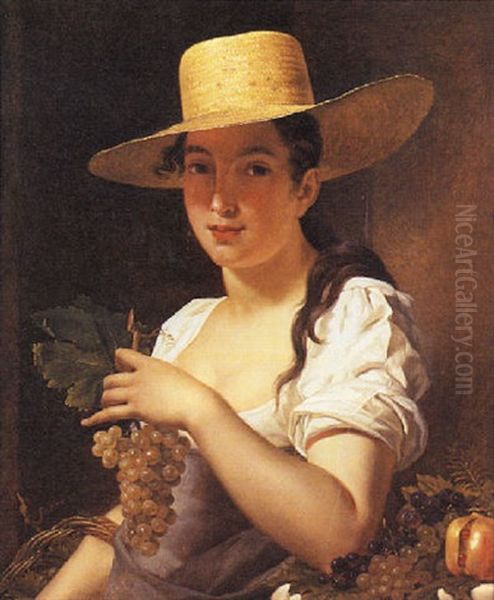 Portrait De Jeune Fille Au Chapeau De Paille Et A La Grappe De Raisin Oil Painting by Claude Marie Dubufe