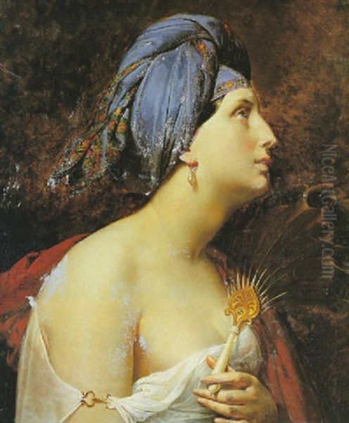 Portrait D'orientale Au Turban Bleu Oil Painting by Claude Marie Dubufe