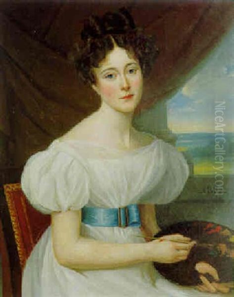 Portrait De Jeune Fille A La Palette Oil Painting by Claude Marie Dubufe