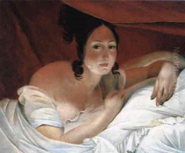 Jeune Femme Dans Un Lit Sous Une Tenture Rouge Oil Painting by Claude Marie Dubufe