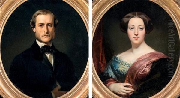 Portrait D'homme Et Portrait De Femme En Medaillons (2 Works) Oil Painting by Edouard Louis Dubufe