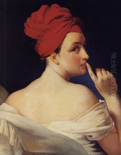 Femme En Buste Vue De Dos, Coiffee D'un Turban Rouge Oil Painting by Edouard Louis Dubufe