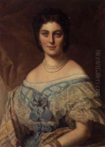 Portrait Of A Lady, Wearing A Blue Dress With Lace Sleeves Oil Painting by Edouard Louis Dubufe