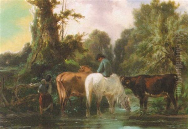 Idyllic Landscape With Peasants Watering The Horses And Cows Oil Painting by Albert-Lucien Dubuisson