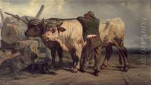 Paysan Et Attelage De Boeufs Oil Painting by Alexandre Dubuisson