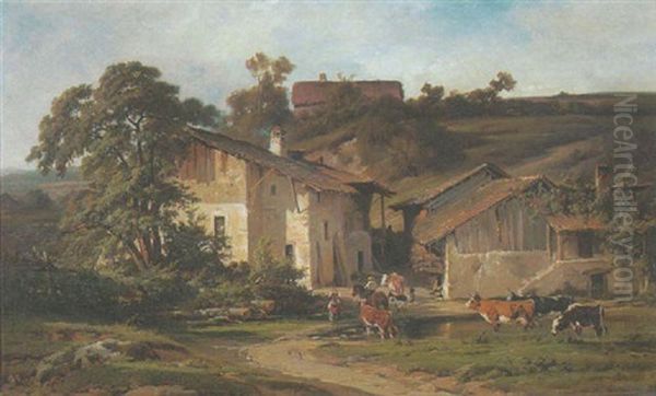 Altes Bauerngehoft In Savoyen Oil Painting by Alexandre Dubuisson