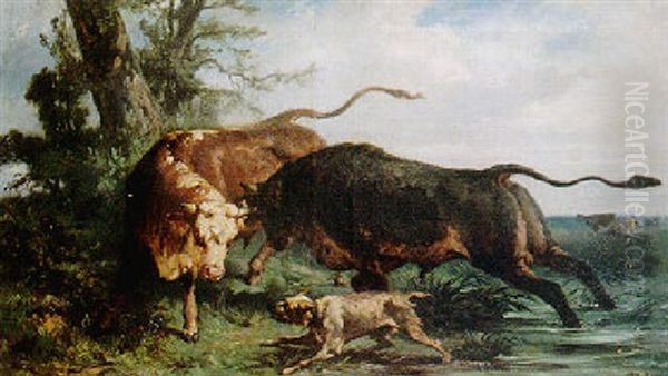 Vaches Et Taureaux Oil Painting by Alexandre Dubuisson