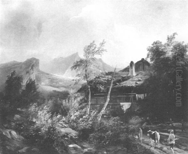 Alpenlandschaft Mit Einem Bauernhaus Oil Painting by Alexandre Dubuisson