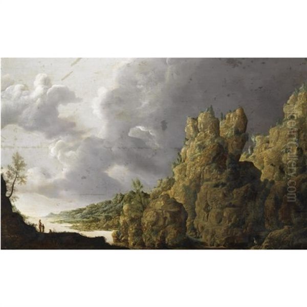 An Extensive Rocky Landscape With Figures On A Path In The Foreground Oil Painting by Mathieu Dubus