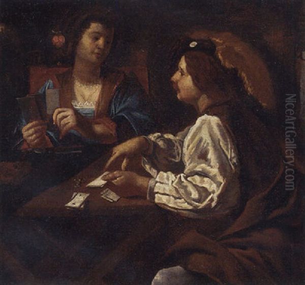 A Couple At Cards Oil Painting by Jean Ducamps