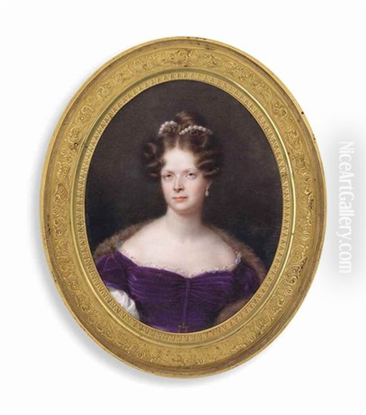 A French Duchess, In Purple Velvet Off-the-shoulders Dress With White Trim And Sleeves, Wearing A Fur Stole Over Her Shoulders, Her Upswept Hair Dressed In Plaits And Ringlets Adorned With Pearls, Wearing Drop-pearl Earring Oil Painting by Jean Baptiste Joseph Duchesne