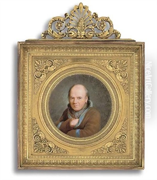 Jean-baptiste Duchesne, The Artist's Father, His Right Hand Tucked Into His Brown Coat With Blue Trim On Collar And Sleeves, High-collared Grey Shirt Oil Painting by Jean Baptiste Joseph Duchesne