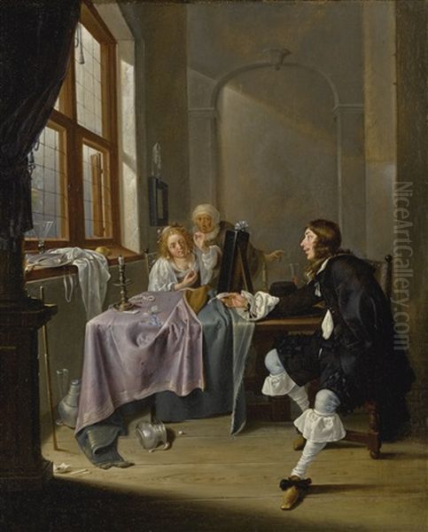 An Interior With A Gentleman Presenting A Snuff Box To A Seated Lady Stringing A Pearl Oil Painting by Jacob Duck